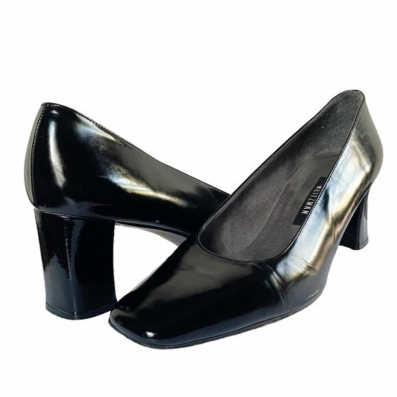 Stuart Weitzman Black Polished Leather Square Toe Block Heel Women’s Size 8W - Picture 14 of 14